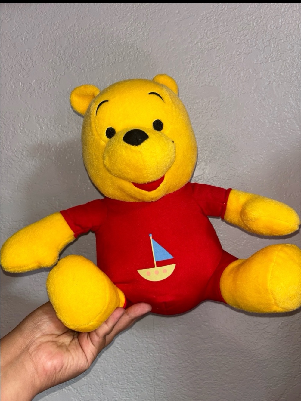 Vintage Disney Yellow Winnie the Pooh Plush with Red Shirt and Sailboat Detail